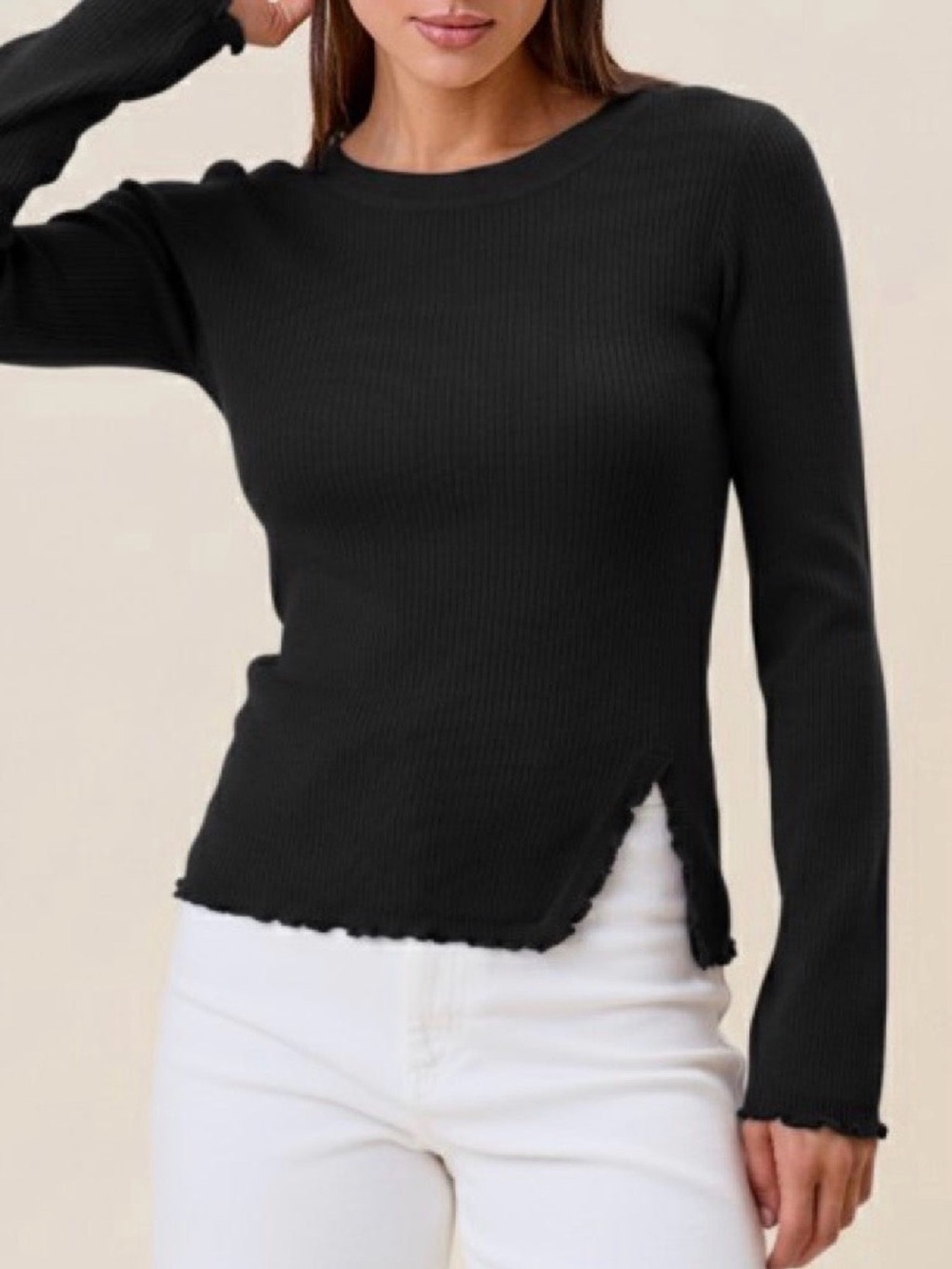 Ribbed Long-Sleeve Crewneck Top - Black